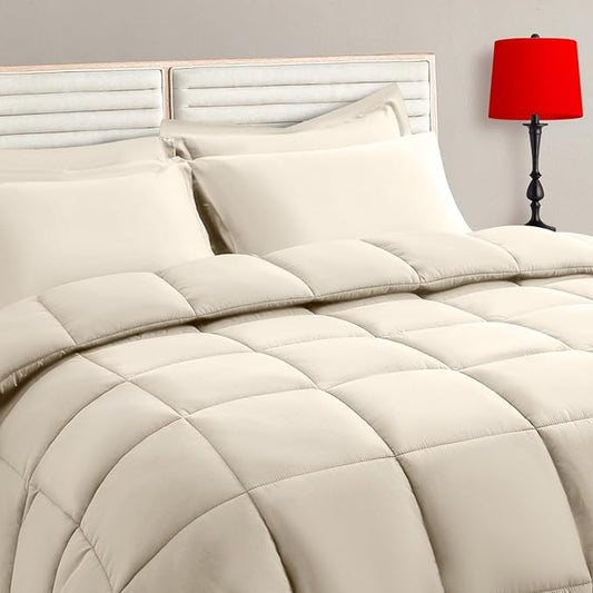 TAIMIT Light Beige Queen Size Comforter Set - 7 Pieces, Bed in a Bag Bedding Sets with All Season Soft Quilted Warm Fluffy Reversible Comforter,Flat Sheet,Fitted Sheet,2 Pillow Shams,2 Pillowcases