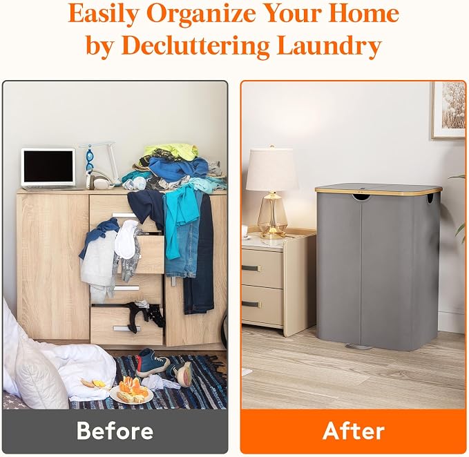 Lifewit 150L Double Laundry Hamper with Lid, Large Laundry Basket with Removable Bag & Bamboo Handles, Fodable Tall Dirty Clothes Hamper for Laundry Collapsible Bin for Bathroom Bedroom, Charcoal Gray - Image 7