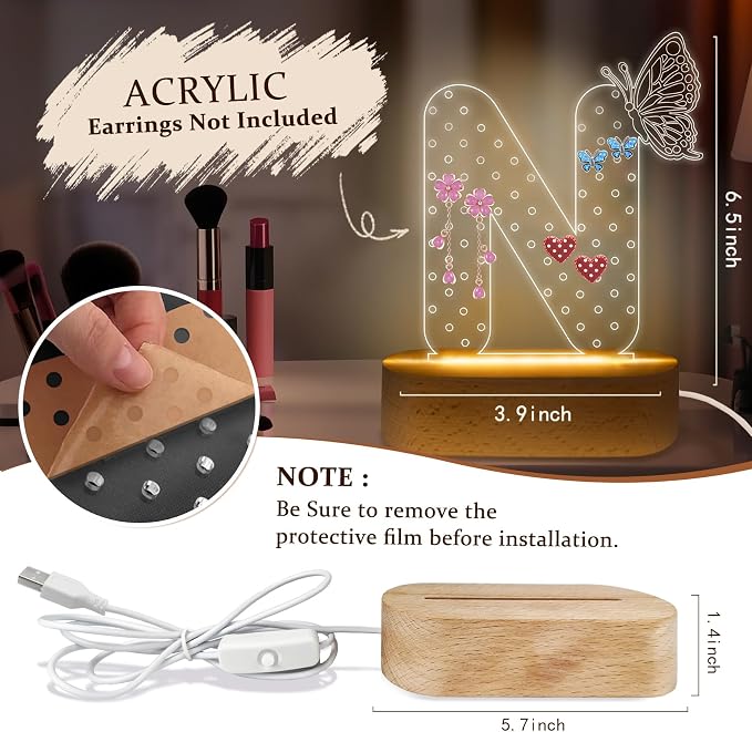 COSHAYSOO Initial Acrylic Earring Holder Organizer for Women Teen Girls with Butterfly Decoration LED Night Light Gifts Personalized Nursery Decor Teacher Nurse Appreciation Jewelry Stand Letter N - Image 2