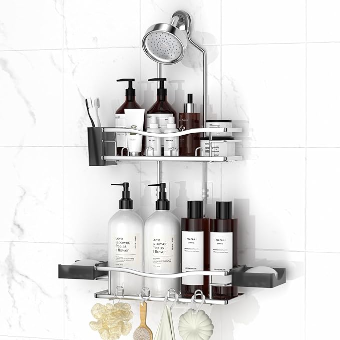 REINHARDT Shower Caddy Hanging, Rustproof Shower Caddy Anti-Swing Shower Organizer Over Showerhead No Drilling Shower Racks with Soap Holder Multi Hooks Bathroom Storage for Shampoo Sponge, Silver by REINHARDT