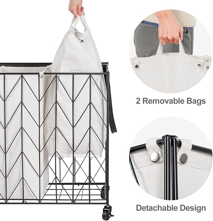 WOWLIVE Laundry Basket with Wheels, Heavy Duty Laundry Hamper with Wood Lid, Clothes Hamper with Divided Removable Liner Bag, Large Capacity Iron-Made Laundry Sorter Laundry Room Organization (Beige) - Image 5