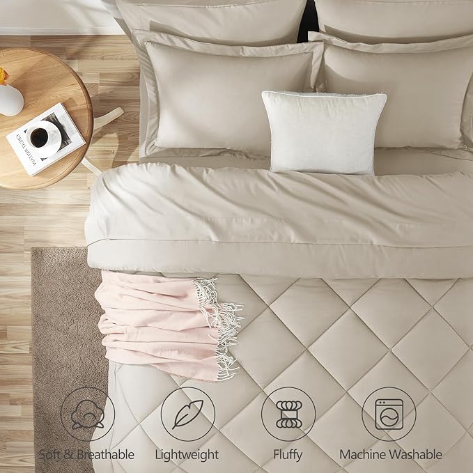 CozyLux Full Size Comforter Sets Oatmeal - 7 Pieces Bed in a Bag Full, Luxury Soft Bed Set for All Seasons, Bedding Set with Down Alternative Comforter, Sheets, Pillowcases & Shams