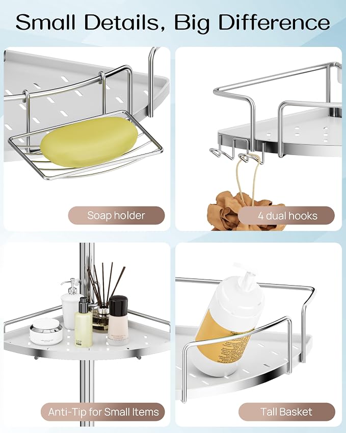 ALLZONE Corner Shower Caddy Tension Pole, 4 Hang-On Basket with Mixed-Height Shelves for Various Bottle Sizes, Extra Hooks & Soap Holder, Rustproof Stainless Steel, Fits 34–116 Inch, Silver/White - Image 4