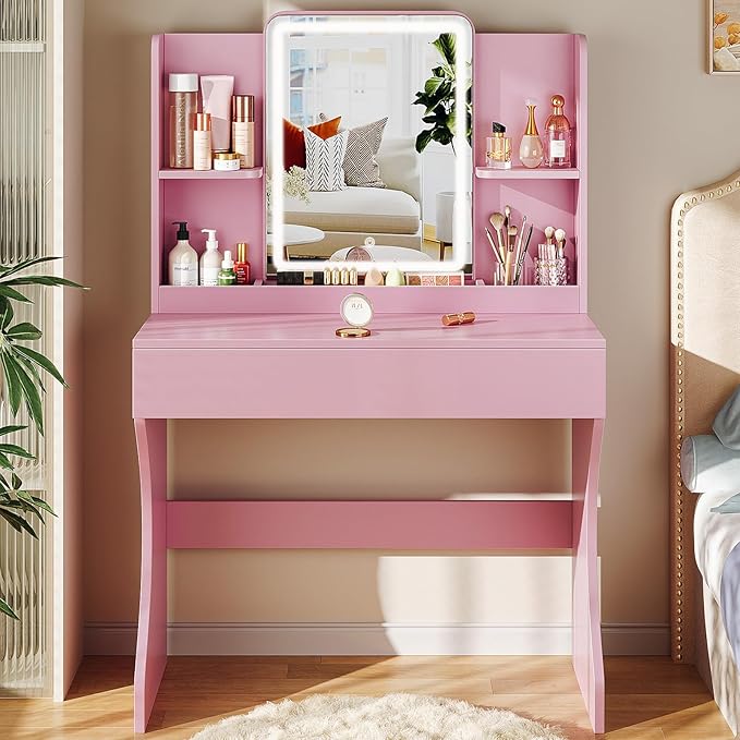 Driftalia Small Vanity Desk with Mirror and Lights, Makeup Vanity with Storage Drawer, 2 Shelves and 3 Compartments - Pink