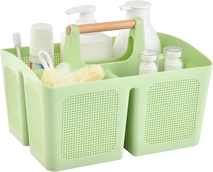 ALINK Portable Shower Caddy Basket with Compartments, Plastic Divided Cleaning Caddy Organizer Storage Tote with Handle for Bathroom, College, Dorm Room Essentials - Green by ALINK