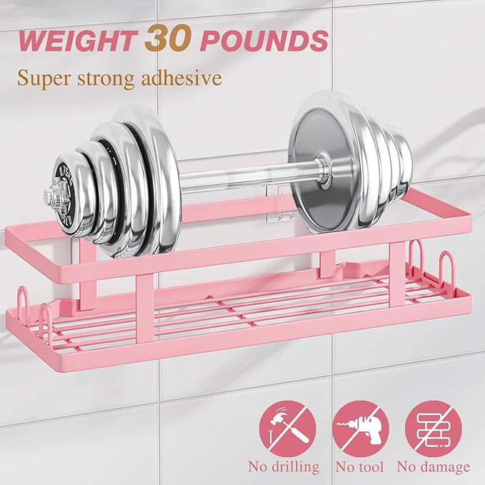 Youvip Adhesive Shower Caddy,Shower Shelves with Soap Holder and 12 Hooks,No Drilling Bathroom Organizer and Storage,Pink,3 Pack - Image 3