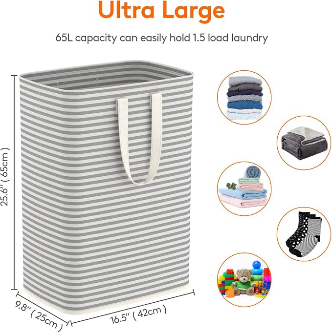Lifewit 1 Pack Laundry Basket 65L Each, Collapsible Clothes Hamper with Reinforced Handles, Freestanding Waterproof Design for Bedroom and Laundry Room, Grey 65L Total - Image 3