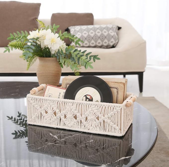 Mkono Macrame Storage Baskets Boho Decor Box Handmade Woven Decorative Countertop Toilet Tank Shelf Cabinet Organizer for Bedroom Livingroom Home, Set of 2, Ivory - Image 3