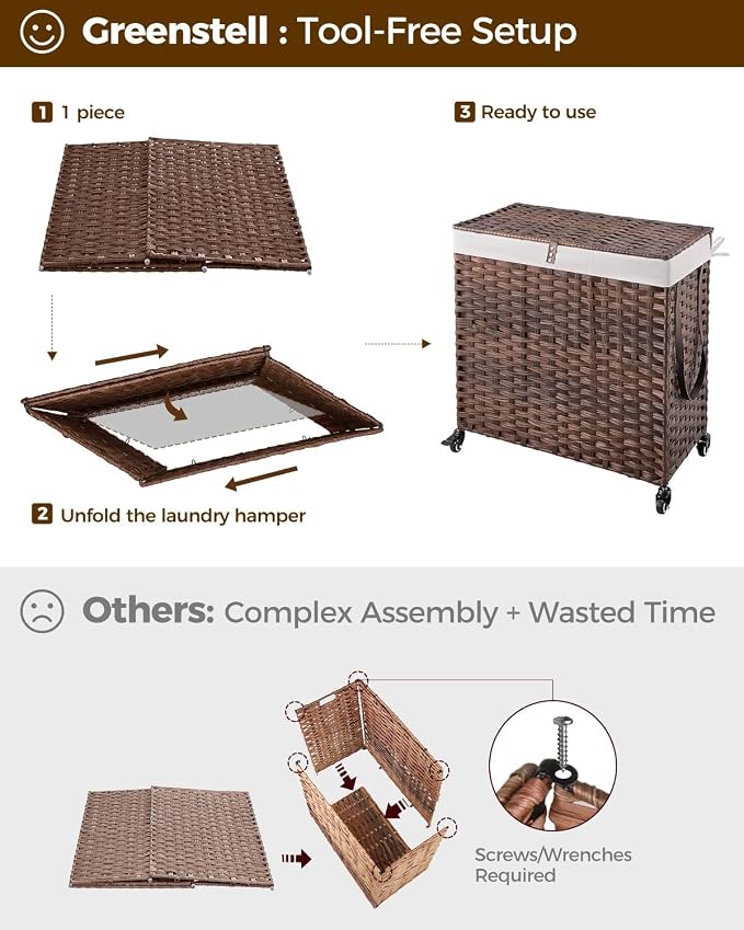 GREENSTELL Laundry Hamper with Wheels&Lid, 130L Large 3 Sections Clothes Hamper with 2 Types Removable Liner Bags, 5 Mesh Laundry Bags, Handwoven Divided Laundry Basket Brown - Image 7