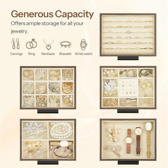 HOOBRO 5-Tier Jewelry Box, Wooden Jewelry Organizer with Transparent Windows, Jewelry Storage Box with 2 Vertical Drawers, for Earring, Necklace, Bracelet, Ring, Watch, Walnut and Black BH19JB04 - Image 4