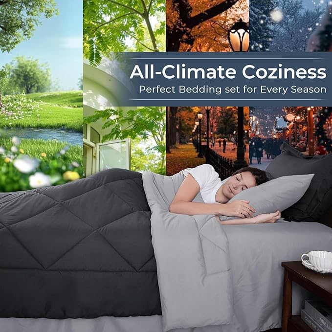 HEVUMYI Twin-XL Comforter Set - 5-Piece All Season Bed in a Bag Twin-XL, Ultra Soft Bedding Set with Comforter, Flat Sheet, Fitted Sheet, Pillowcases, Pillow Shams, Dark Grey & Light Grey