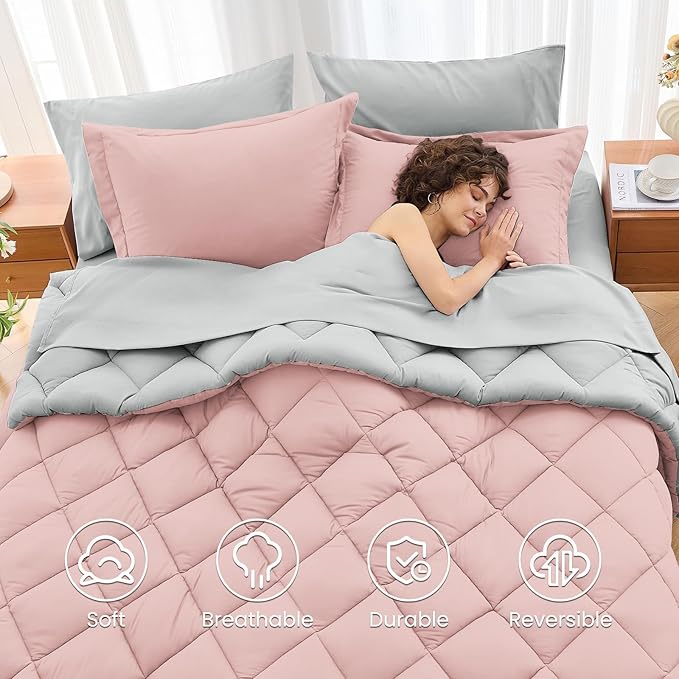 MUXHOMO 5 Pieces Twin Comforter Set, Reversible Bed in a Bag Twin Size, All Season Bedding Set with Comforter, Flat Sheet, Fitted Sheet, Pillowcases & Shams, Pink & Light Grey