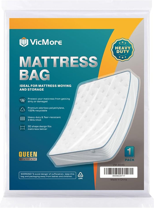 VICMORE Queen Size Heavy-Duty Mattress Bag for Moving & Storage – 3mil Thick, Tear-Resistant Plastic Mattress Protector Cover, Waterproof & Transparent, Easy Fit