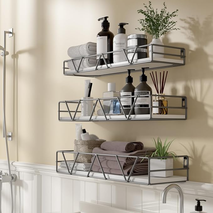 Amaoot Floating Shelves Set of 3, Home Wood Wall Shelf, Farmhouse Shelf for Bedroom, Wall Mounted Floating Shelf for Living Room, Bedroom, Bathroom, Kitchen, Office (Gray) - Image 5