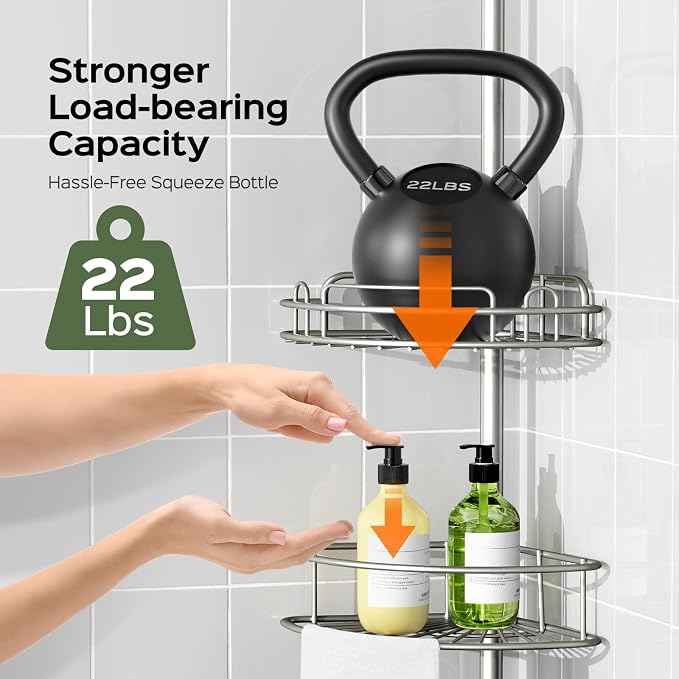 HAMITOR Shower Caddy Tension Pole: 4-Tier Rustproof Bathroom Corner Shelf Organizer for Renter - No Drill Large Shampoo Storage Rack - Adjustable 47-121" - Space Saving Bathtub Accessory - Silver Gray - Image 2