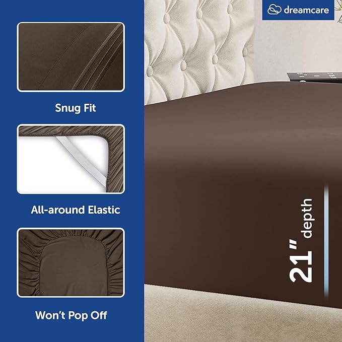 DREAMCARE King Size Sheets Set - 6 pcs Breathable Cooling Bed Sheets - up to 21" Extra Deep Pocket King Sheet Set with Side Pockets -Extra Soft 100% Brushed Hypoallergenic Hotel Luxury Bedding M-Brown