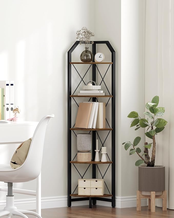 CHOEZON 59.4" Corner Shelf, 5-Tier Industrial Corner Bookshelf, Corner Storage Stand, Plant Stand Display Shelf, Bookcase for Bedroom, Living Room, Home Office, Rustic Brown and Black TCJ10BF - Image 3
