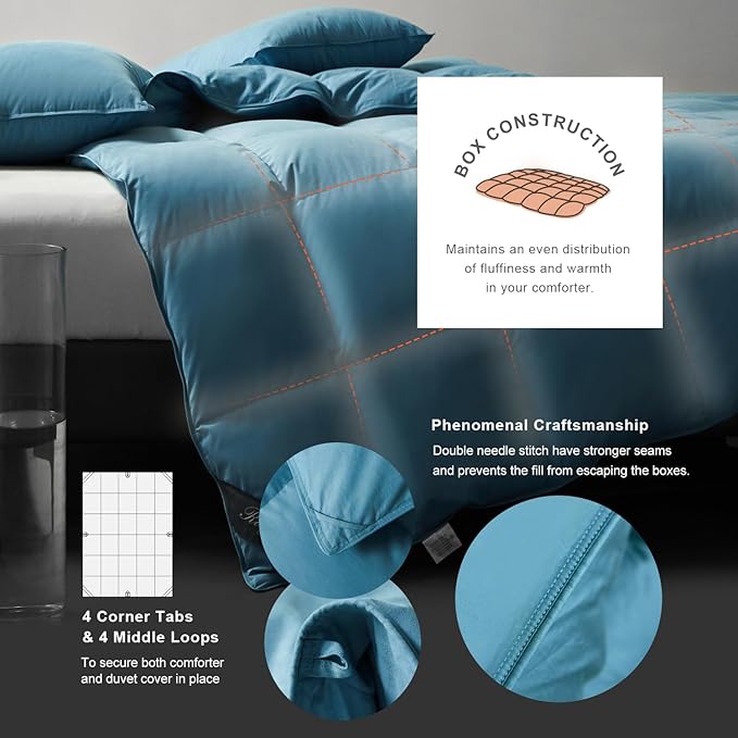 Royoliving Premium Feathers Down Duvet Insert Comforter Twin Size Heavyweight Thickened Winter Turquoise 100% Cotton Cover with Corner Tabs (68x90, 45 oz)