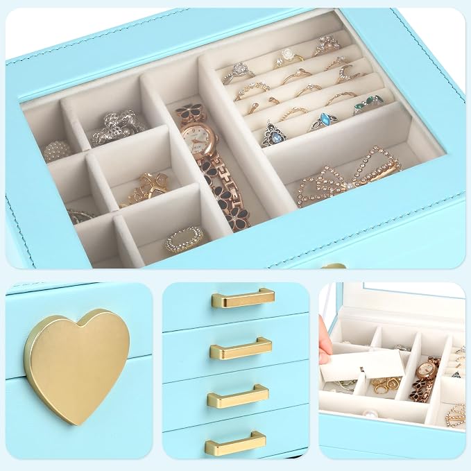 Kendal Jewelry Box, 5-Layer Jewelry Organizer Box with Glass Lid, Blue, Heart Shaped PU Leather, Storage Box for Necklace Earrings Rings Bracelets, Gift Idea for Girls LJC4DRBL - Image 4
