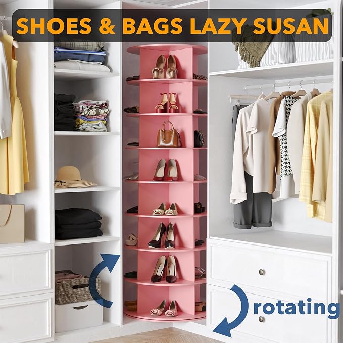 SpaceAid 8 Tier Rotating Shoe Rack Tower, Spinning Shoe Display Lazy Susan, Revolving 360 Shoe Rack Storage Round Carousel, Vertical Handbag Rotate Shoes Closet Organization (8-Tier Pink) - Image 4