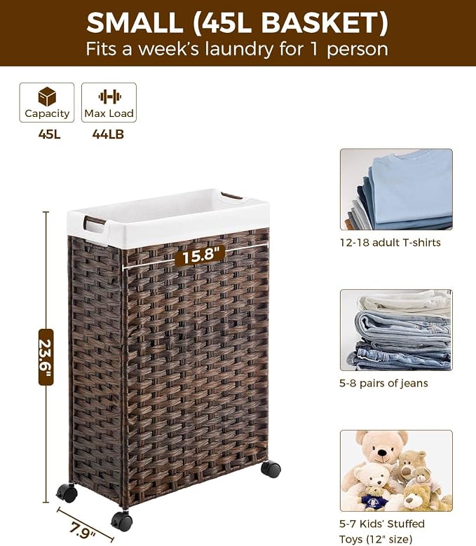 Greenstell Laundry Hamper with Wheels, 11.9 Gallon (45L) Small Clothes Hamper with 2 Removable Liner Bags & 2 Mesh Bags, Slim Rattan Laundry Basket for Bathroom, Bedroom, Brown - Image 4