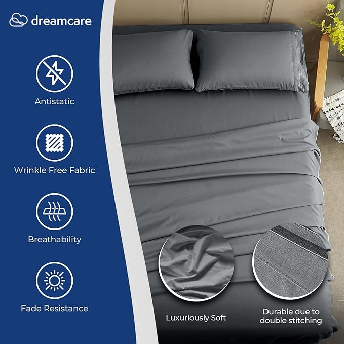 DREAMCARE King Size Sheets Set – 4 pcs Cooling Sheets – up to 21” Deep Pocket King Sheet Set – Hotel Luxury Sheets & Pillowcases – Superior Softness 100% Fine Microfiber with Side Pocket – Dark Gray