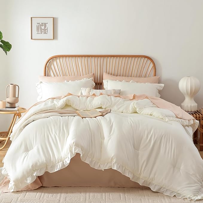 JANZAA Twin Comforter Set Creamy White Ruffle Comforter with 1 Pillowcase Soft Twin Size Bed Set Vintage Farmhouse Bed Comforter Set Fluffy Shabby Chic Bedding for All Season