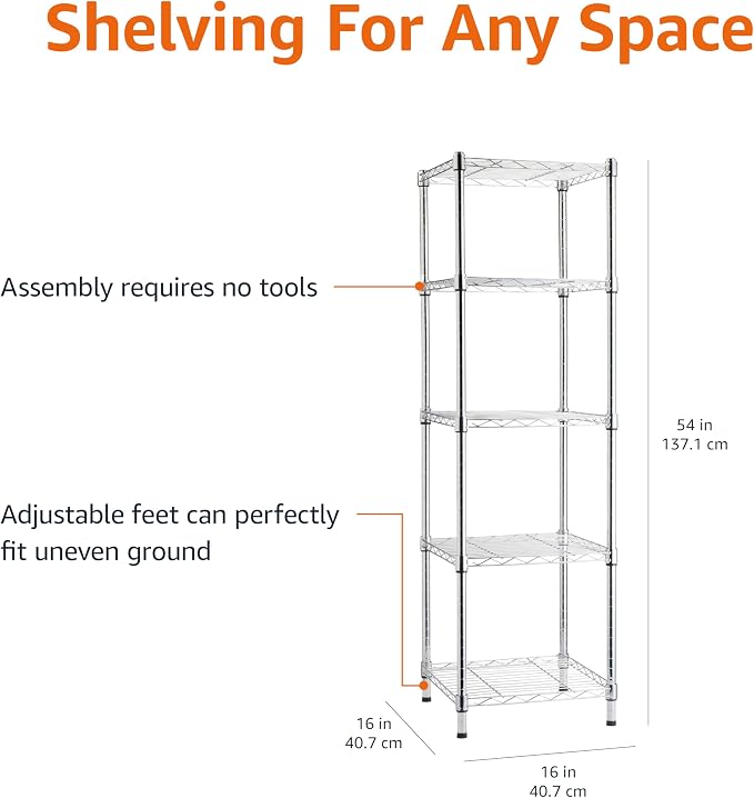 Amazon Basics 5-Shelf Tower Adjustable Storage Shelving Unit, Chrome, 16" x 16" x 54", 150 lbs Per Shelf | Tower, Adjustable - Image 3