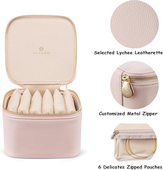 VLANDO Travel Jewelry Box Organizer – Portable PU Leather Jewelry Case with 6/8/12 Zippered Pouches, Compact Storage for Earrings Rings Necklaces Bracelets, Rosy Mauve - Image 7