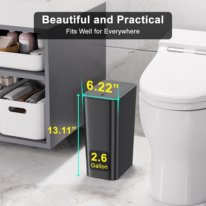 N. NETDOT 3 Pack 10 L/2.6 Gal Bathroom Trash Can with Lid, Small Kitchen Trash Bin with Press Type Lid, Black Trash Can/Slim Garbage Cans/Trash Bin/Waste Basket for Bathroom,Kitchen,Office,Bedroom - Image 2