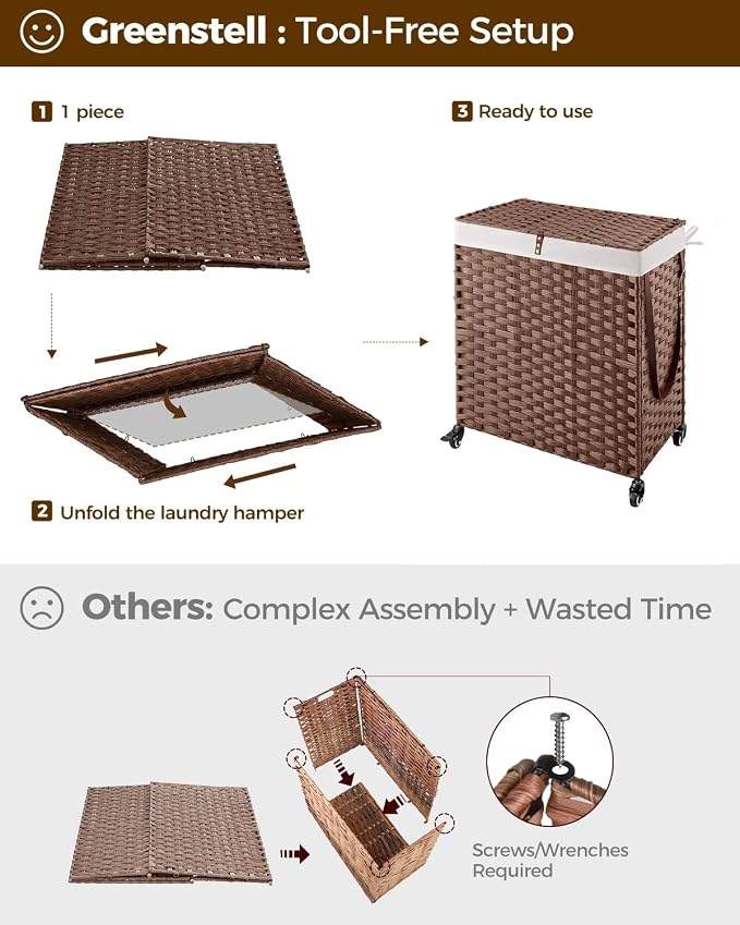 Greenstell Laundry Hamper with Wheels, No Install Needed, 110L Divided Handwoven Hampers & 2 Removable Liner Bags, Rattan Clothes Laundry Basket with Lid & Handles, Foldable Hampers Brown 22x13x26.4In - Image 7