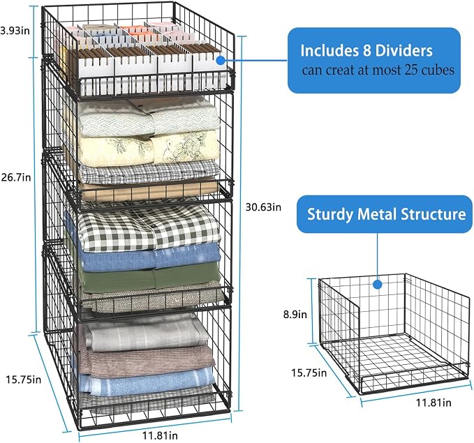 4 Pack Closet Organizers and Storage Shelves for Clothes, 4 Tier Stackable Closet Storage Basket Bin Container for Clothing Sweater Jean, Narrow, Foldable, Sturdy Metal System Organizer Shelf - Image 3