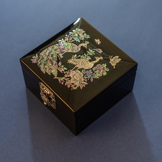 February Mountain Mother of Pearl Mini Jewelry Box - Organizer for Earring Necklace Ring & Bracelet Jewelry Display Storage Case for Woman Unique Gifts (Peacock-Black) - Image 6