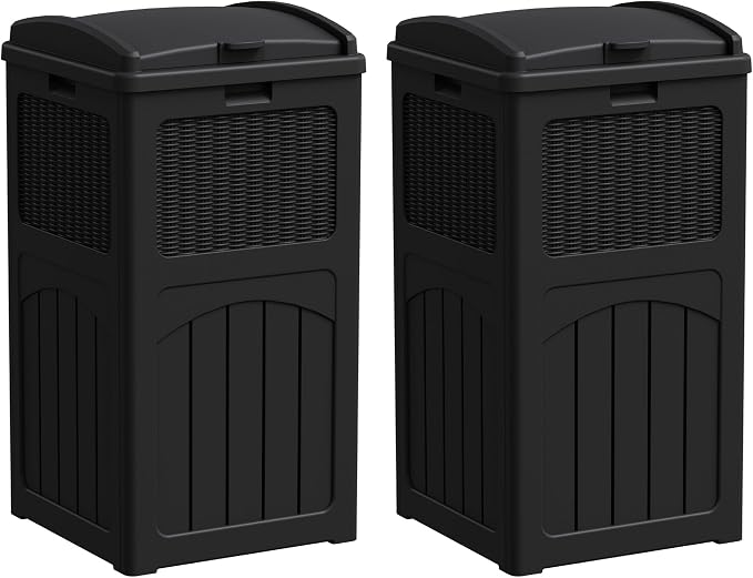 Greesum 33 Gallon Outdoor Trash Can with Lid (2-Pack), Heavy Duty Resin Garbage Bin, Waterproof & UV Resistant for Patio, Garden, Deck, Yard, Dark Black by BuynowfromGreesum