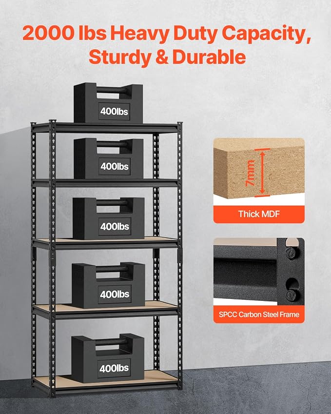 VEVOR Storage Shelves, 2000 lbs, 5 Tier Garage Storage Shelving, 16" D x 32" W x 62.8" H Adjustable Metal Shelves for Garage Shelves Utility Rack Shelf, Ideal for Kitchen, Warehouse, Basement, Black - Image 4
