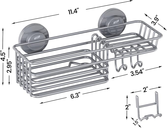 LEVERLOC Shower Caddy Suction Cup, Heavy Duty Bathroom Organizer for Inside Shower with Hooks & Soap Holder， NO-Drilling Bathroom Shower Holder-Grey - Image 5