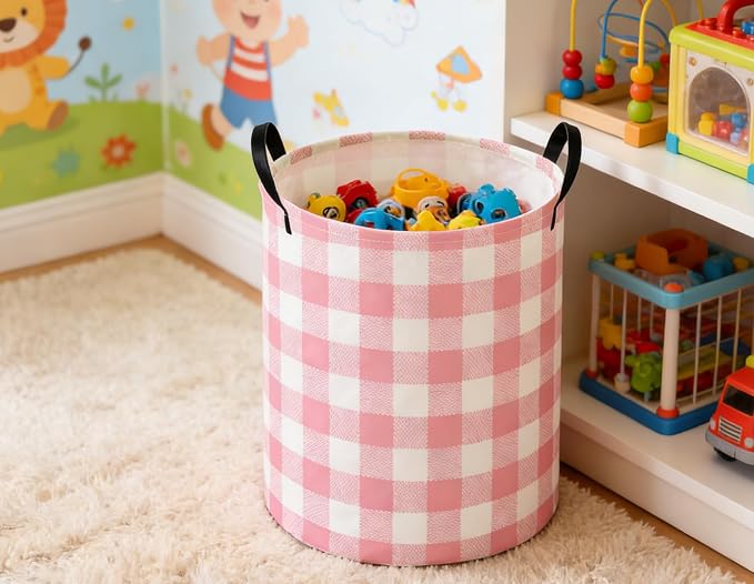 Kids Laundry Basket Pink Hamper for Nursery Girls Hamper Cute Kids Storage Bin Organizer Room Decor for Home(Pink Grid) - Image 4