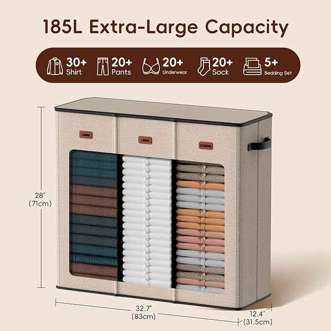 185L Laundry Hamper 3 Section, Laundry Hamper with Lid, Dirty Clothes Hamper with 3 Removable Washing Bags, Extra Large Laundry Basket Organizer for Bedroom, Laundry Room, Dorm - Khaki - Image 3