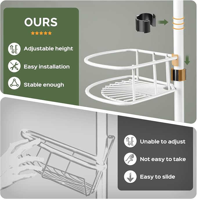 HAMITOR Corner Shower Caddy Tension Pole: Rustproof Bathroom Organizer Shelves for Bathtub Shampoo Accessories Storage Holder - 47-121 Inch Adjust - White - Image 6