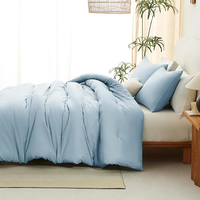 CozyLux King Size Comforter Set Light Blue, 3 Pieces Solid Comforters King Size Breathable Quilted Bedding Sets, Luxury Soft Lightweight Bed Set with Down Alternative Comforter and 2 Pillowcases