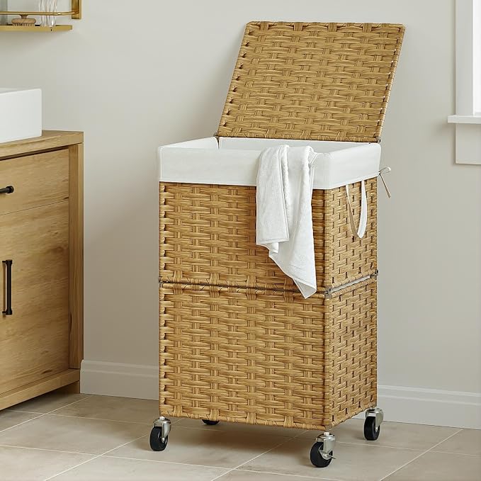 Chrislley 90L Slim Laundry Hamper with Wheels, Rolling Laundry Basket with Lid and Renovable Liner Bag, Handwoven Rattan Organizer for bedroom, bathroom, laundry room (Yellow) - Image 2