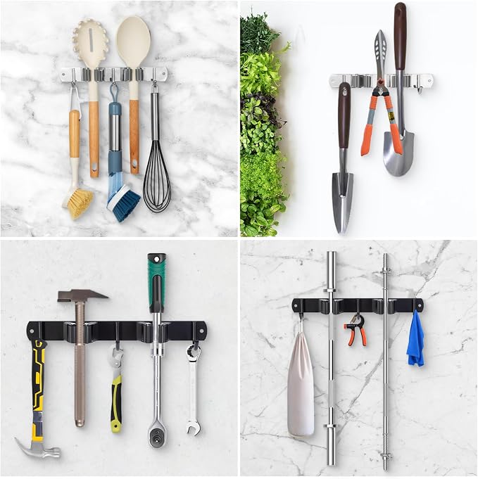 voze 2 Racks and 3 Hooks Mop and Broom Holder Wall Mount, Self Adhesive Heavy Duty Broom Organizer Storage Tool Racks for Kitchen Garden Laundry Garage - Image 6