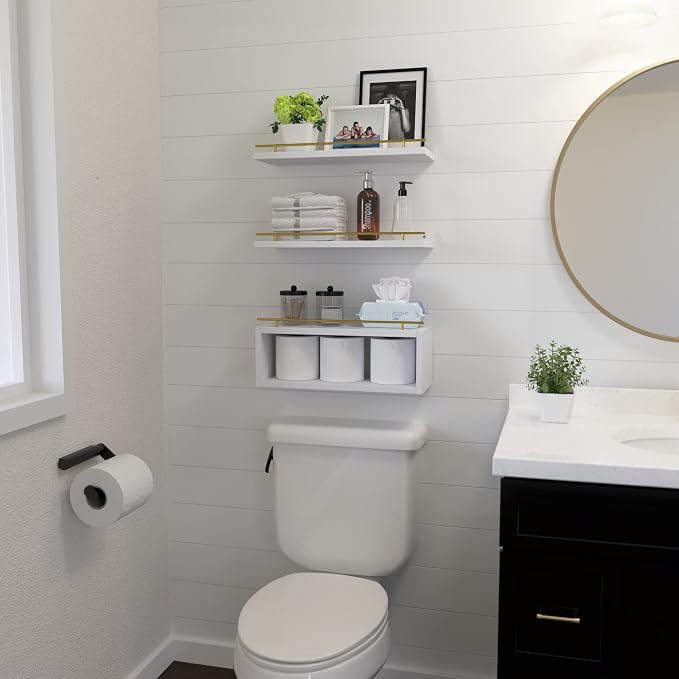 WOPITUES Floating Shelves for Wall with Cube Shelf, Wall Shelves with Metal Rail for Decor, Bathroom Organizers and Storage, Over Toilet Shelves for Bathroom, Toilet Paper-White&Gold - Image 4