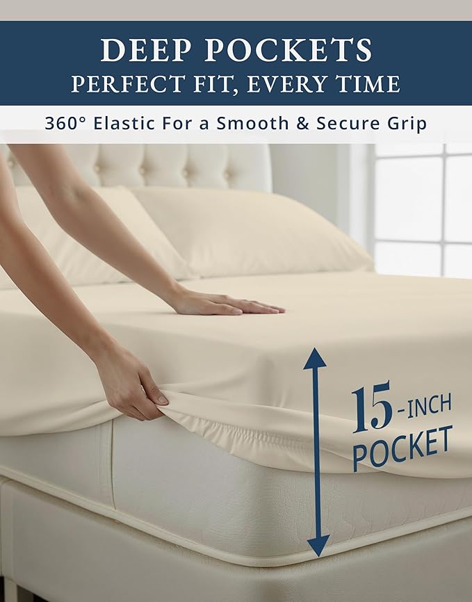 LANE LINEN 100% Egyptian Cotton Full Size Bed Sheets, No Pill Naturally Cooling Sheets Full Size, Soft & Comfy Sateen Weave for Silky Smooth Finish, Available in Variety of Colors - Ivory