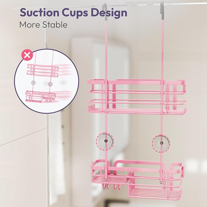 SWTYMIKI Shower Caddy Hanging Organizer - Over the Door Shower Caddy with Soap Holder, 11 Hooks, 2 Installation Ways, Stainless Steel Rustproof Bathroom Organizer, Pink - Image 4