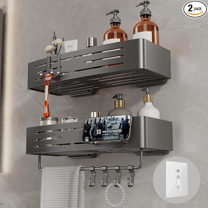 Voldra Adhesive Shower Caddy, 2 Pack Shower Shelves for Inside Shower No Drilling, Aluminum Stick On Showers Organizer with Towel Bar & Hooks Removable Bathroom Shelf Storage Rack(Gray) by VOLDRA