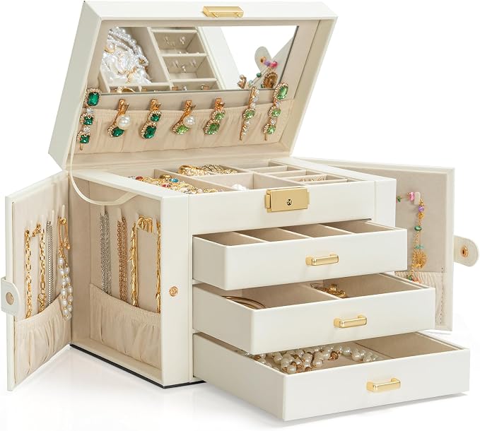 AKOZLIN Large 4-Tier Jewelry Box Leather Jewelry Storage Organizer with 3 Drawers Lockable for Women Girls Ring Necklace Earring Bracelet Watches Holder with Mirror White by AKOZLIN