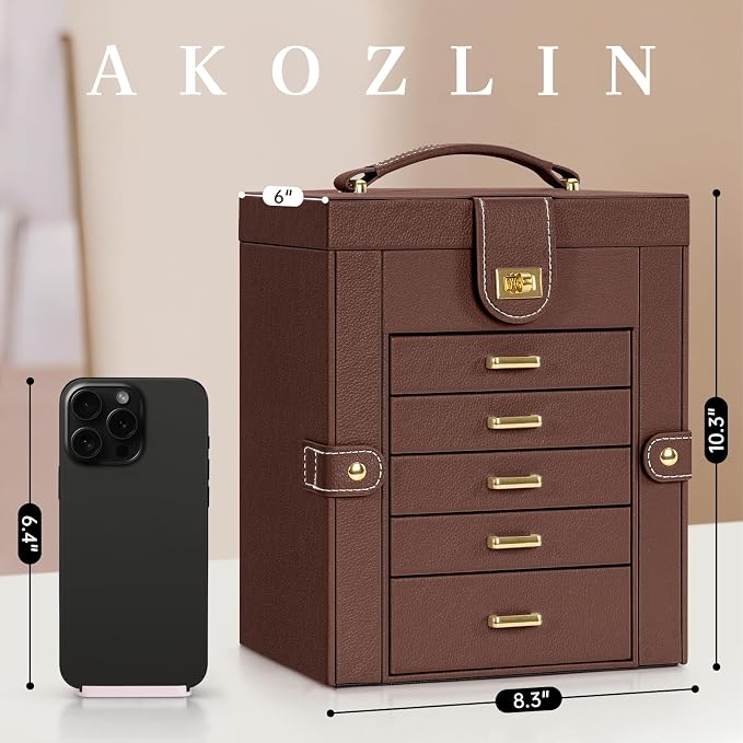 AKOZLIN Jewelry Box Organizer Functional Leather Jewelry Storage Case for Women Girls Ring Necklace Earring Bracelet Holder Organizer with Mirror Brown - Image 2