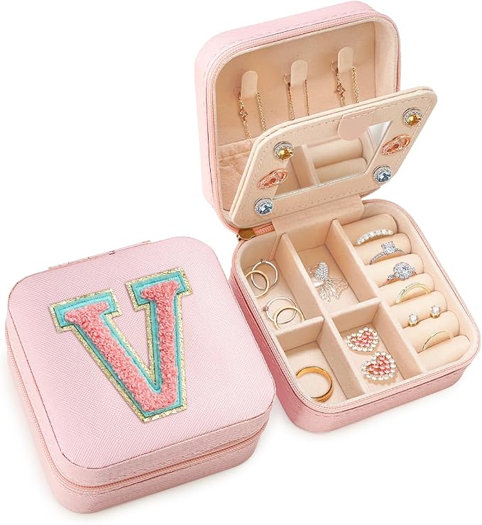 SANDJEST Personalized Jewelry Box, Pink Travel Jewelry Box with Initial V, Small Monogrammed Jewelry Case Organizer for Girls Women Teen Kids, Mini Travel Essentials Gifts for Birthday Christmas by SANDJEST