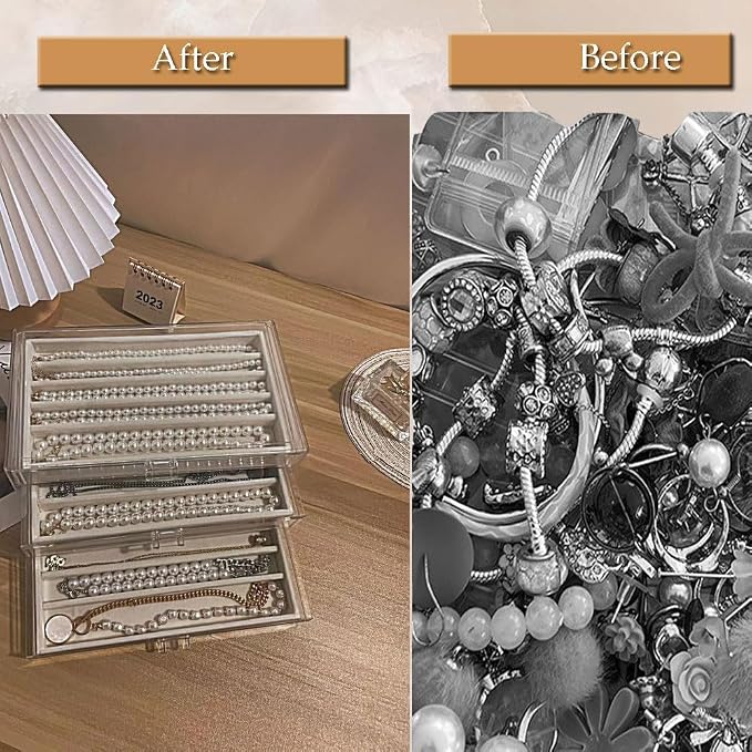 CLUQMEIK Necklace Organizer Box with Clear Lid, Dustproof Velvet Jewelry Holder Storage Display Case, Stackable Acrylic Necklace Tray Drawer Insert for Women and Girls (Beige,3 Drawers) - Image 8